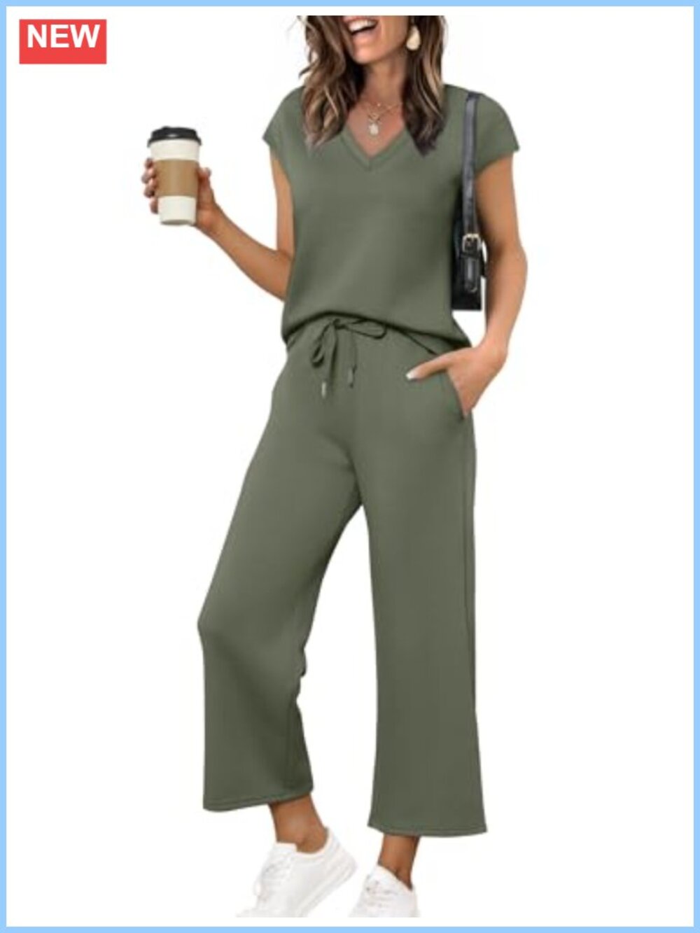 Women's Two Piece Lounge Set V-Neck Cap Sleeve Top Wide Leg Pants
